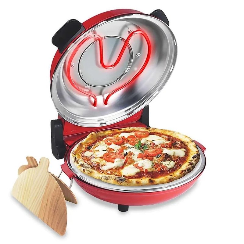 Forno per Pizza Pietra Refrattaria 1200W Timer Termostato 2Palette Legno Rosso