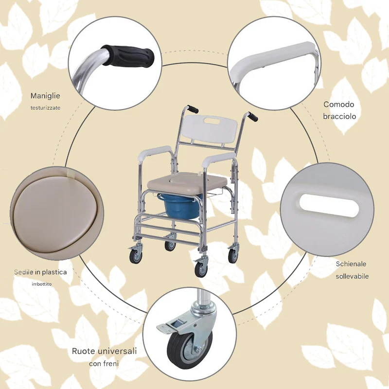 Sedia a Rotelle Impermeabile con Wc Vaso Rimovibile Supporto Anziani e Disabili