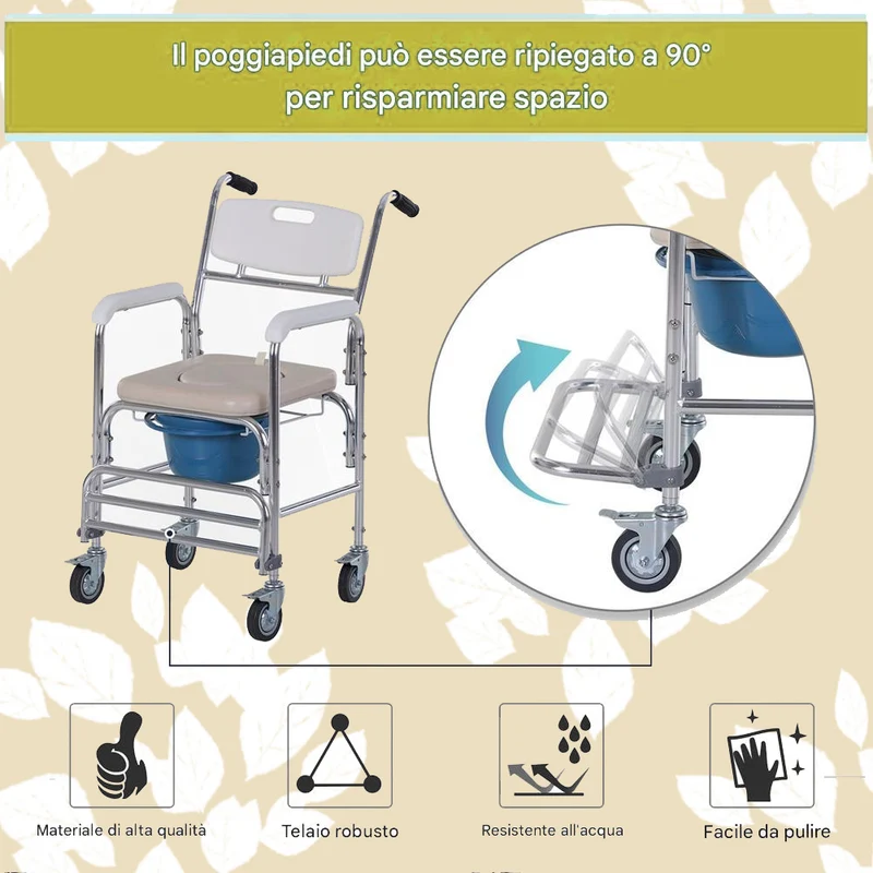 Sedia a Rotelle Impermeabile con Wc Vaso Rimovibile Supporto Anziani e Disabili