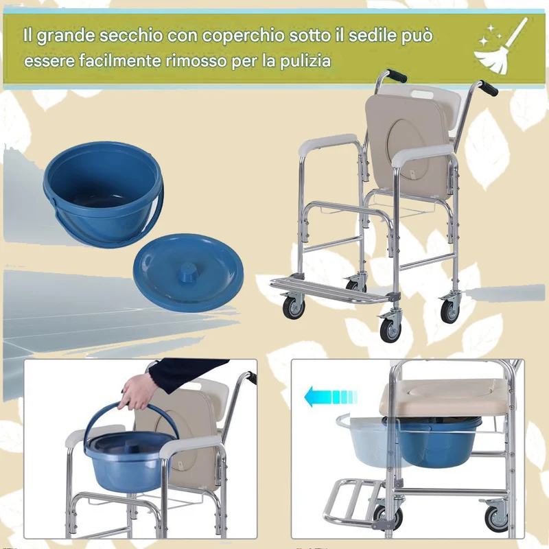 Sedia a Rotelle Impermeabile con Wc Vaso Rimovibile Supporto Anziani e Disabili