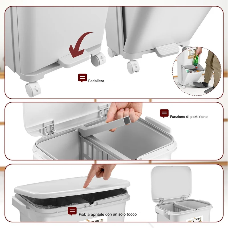 Pattumiera da Cucina Doppio Bidone 38 L Secchio Separazione Rifiuti Salvaspazio