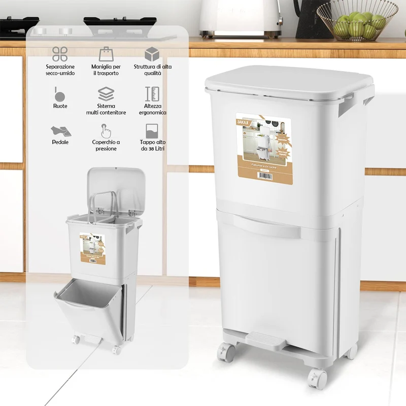 Pattumiera da Cucina Doppio Bidone 38 L Secchio Separazione Rifiuti Salvaspazio
