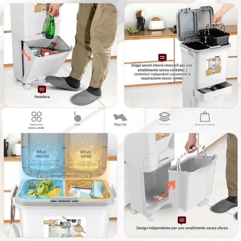 Pattumiera da Cucina Doppio Bidone 42L Secchio con Cassetto Separazione Rifiuti