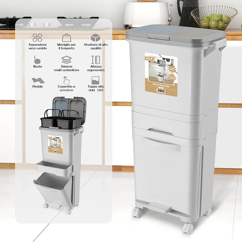 Pattumiera da Cucina Doppio Bidone 42L Secchio con Cassetto Separazione Rifiuti