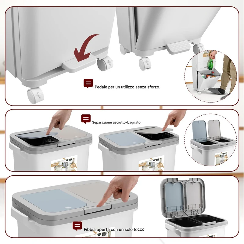 Pattumiera da Cucina Doppio Bidone 42L Secchio con Cassetto Separazione Rifiuti