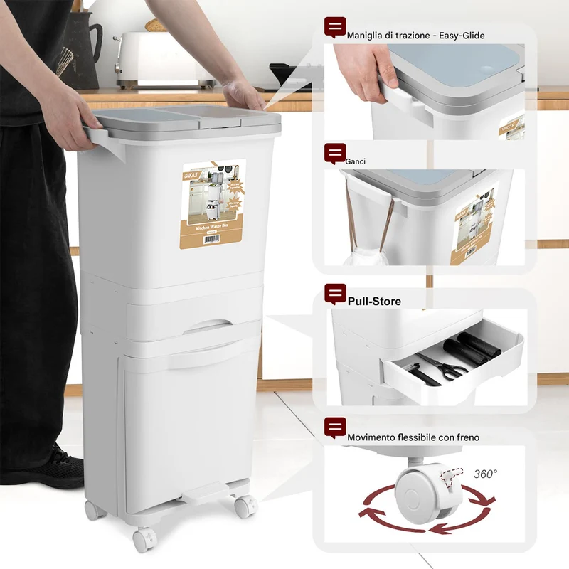 Pattumiera da Cucina Doppio Bidone 42L Secchio con Cassetto Separazione Rifiuti