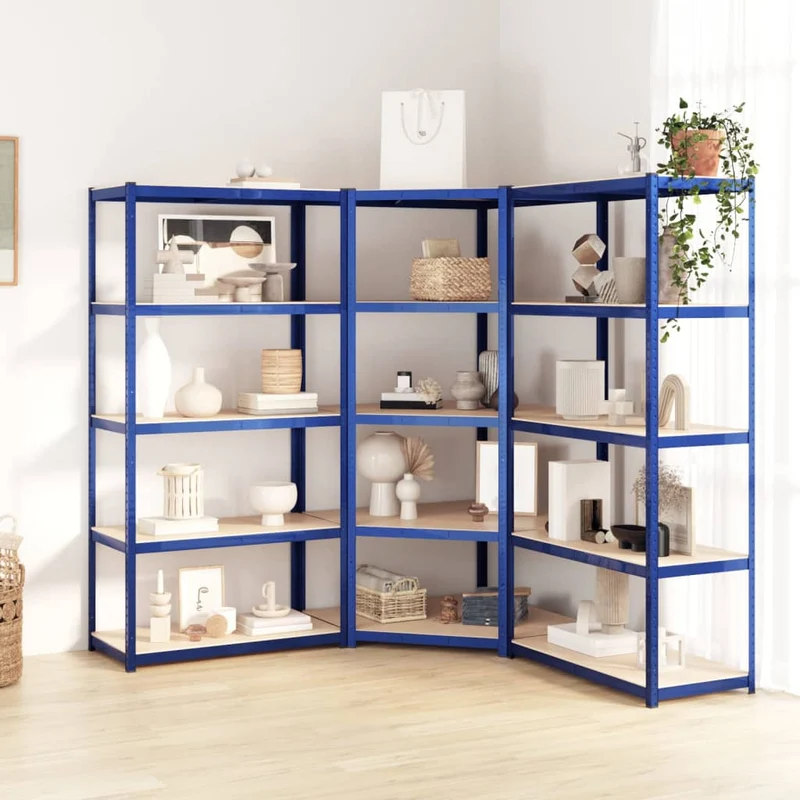 Scaffali a 5 Ripiani Set 3 pz Libreria Blu in Acciaio e Legno Multistrato