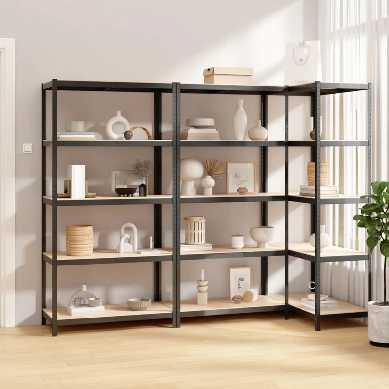 Scaffale a 5 Strati Set 3 pz Antracite in Acciaio e Mensole in Legno Multistrato