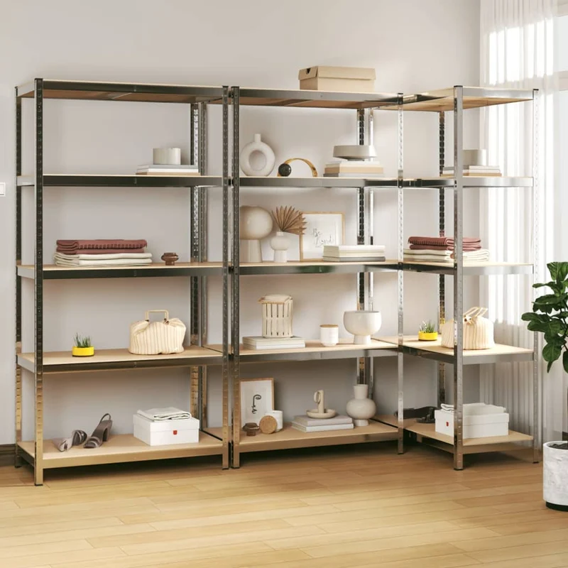 Scaffali 5 Ripiani Libreria Set 3 pz Argento in Acciaio e Legno Multistrato