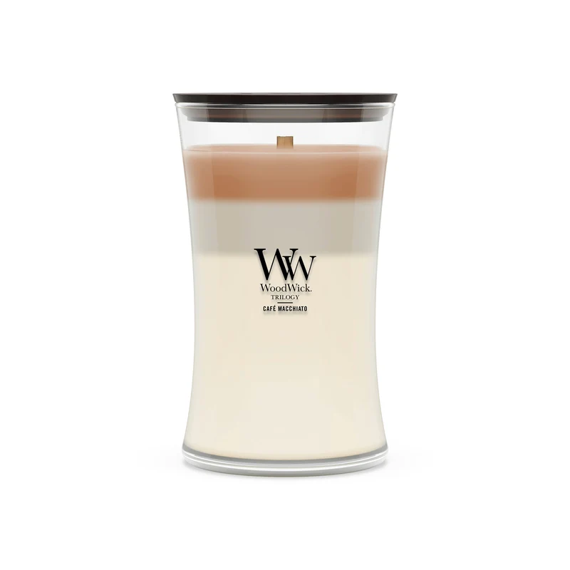 Candela a clessidra grande Trilogy Café Macchiato 609g Marrone Chiaro Crema Woodwick