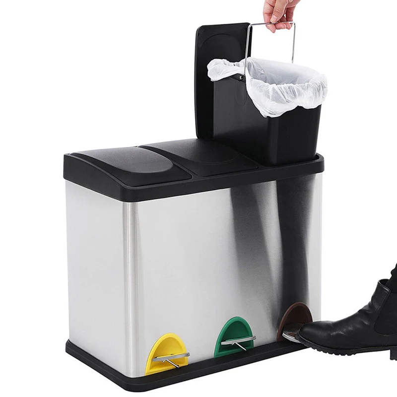 Pattumiera Raccolta Differenziata 45 LT Acciaio 3 Spazi Bidone Spazzatura Pedale