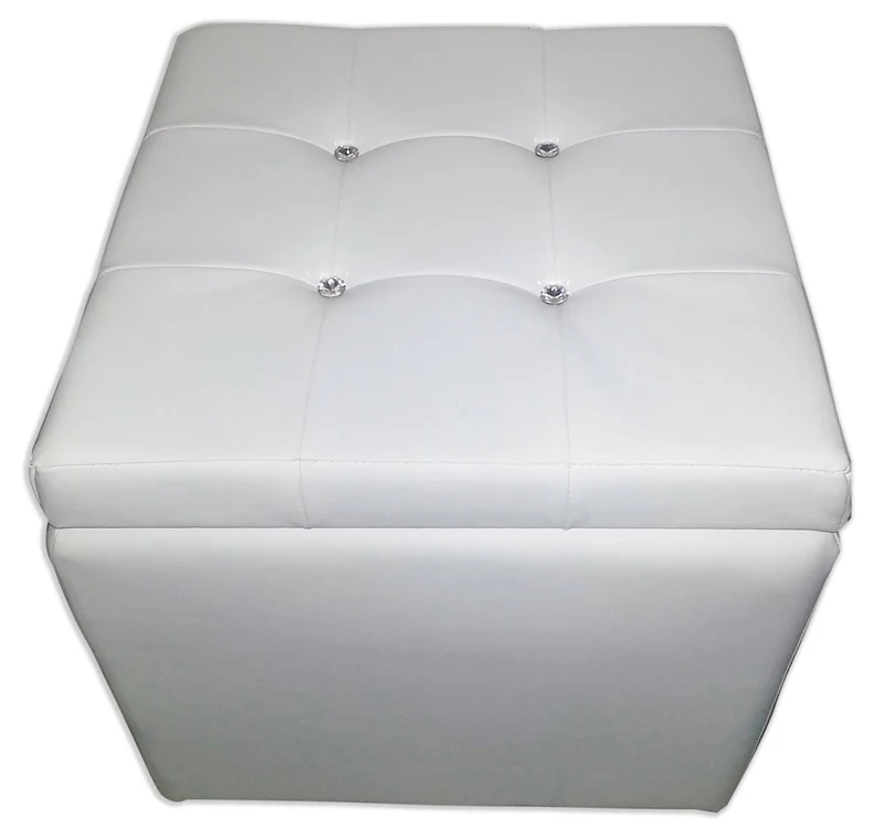 Cubo Pouf Contenitore in Similpelle e Cristalli Renier Bianco