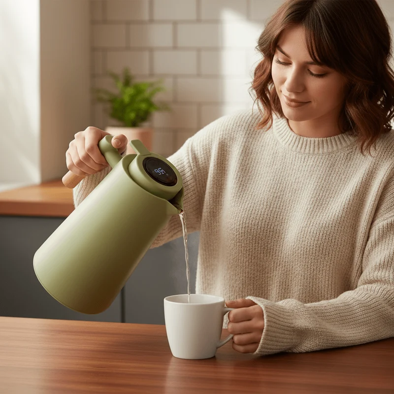 Thermoskan – Dubbelwandig, temperatuurdisplay in deksel & houten handgreep