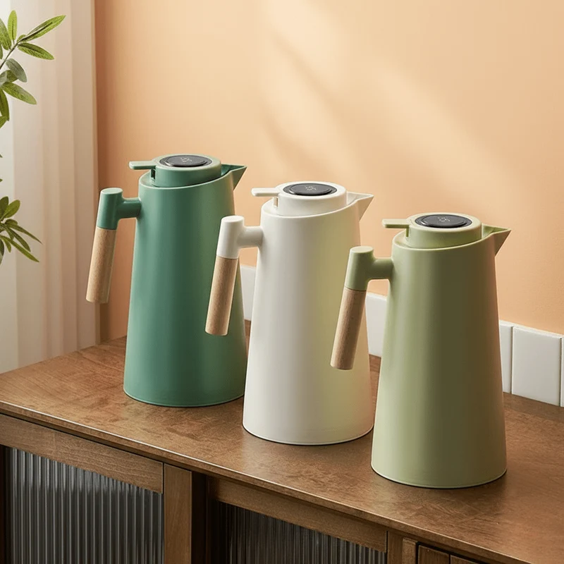 Thermoskan – Dubbelwandig, temperatuurdisplay in deksel & houten handgreep