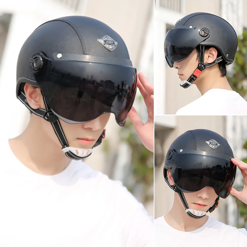 Motorhelm Open Face – Retro Design & Vizier met Leren Afwerking