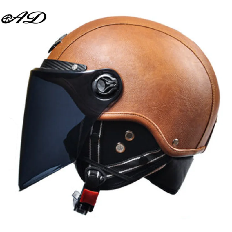 Motorhelm Open Face – Retro Design & Vizier met Leren Afwerking