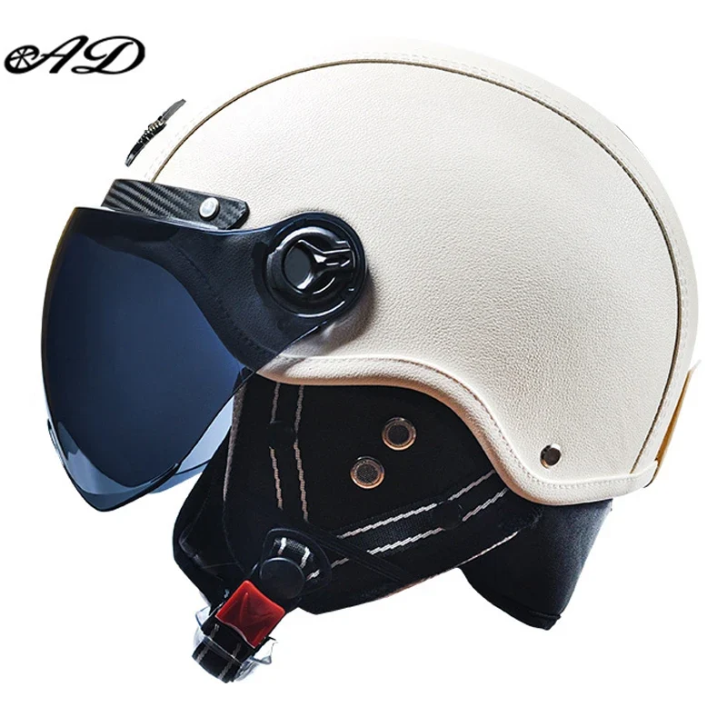 Motorhelm Open Face – Retro Design & Vizier met Leren Afwerking