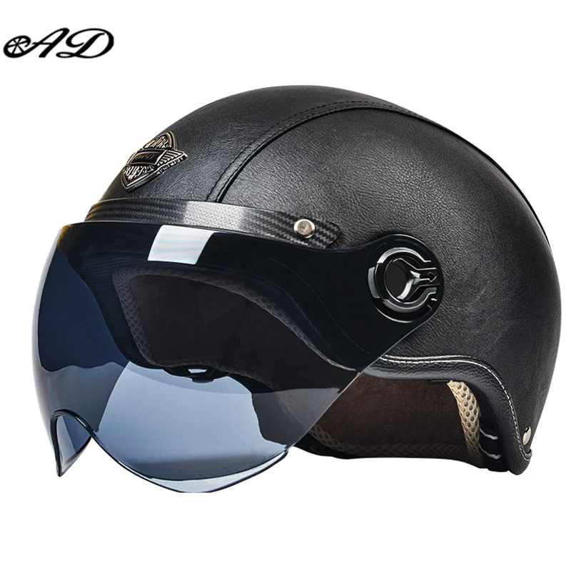Motorhelm Open Face – Retro Design & Vizier met Leren Afwerking