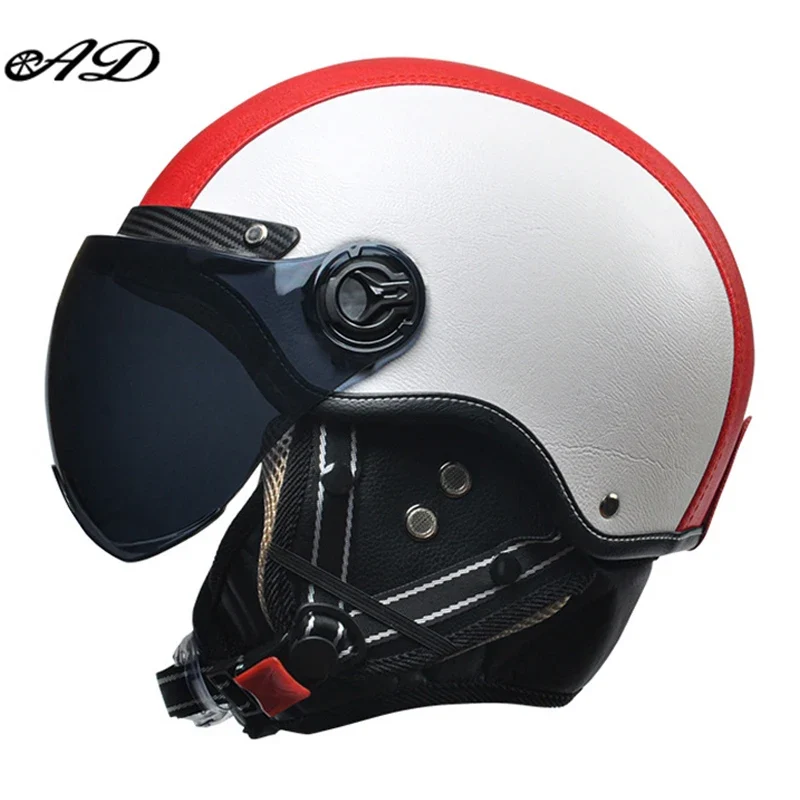 Motorhelm Open Face – Retro Design & Vizier met Leren Afwerking