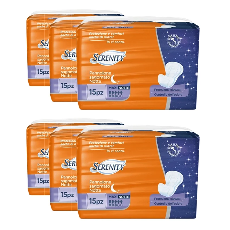 SET 6 SERENITY PANNOLONI SAGOMATI MAXI NOTTE 15 PEZZI