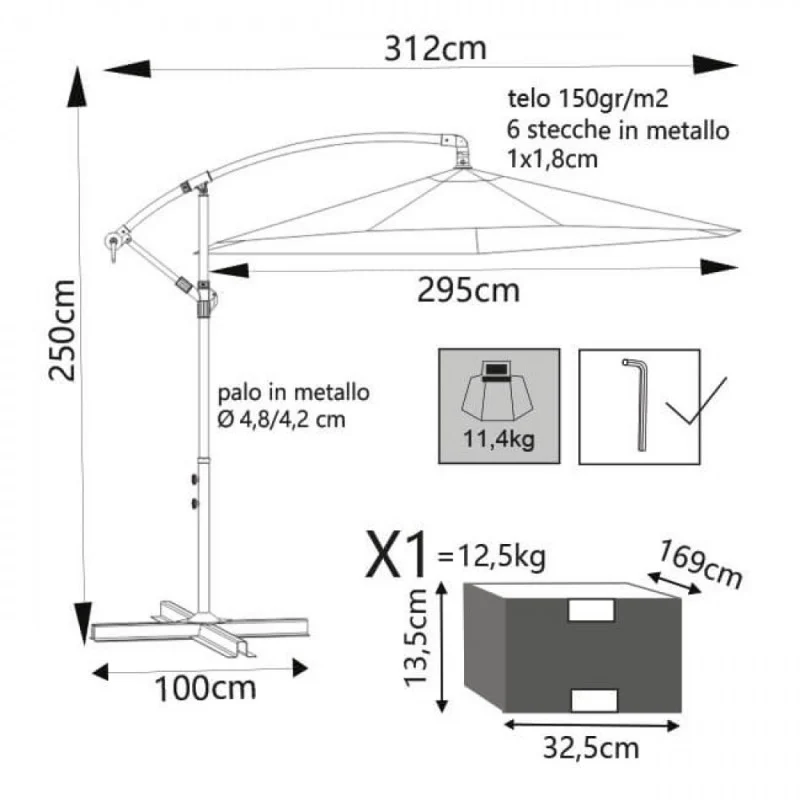 Ombrellone Eris P/L Ø 3cm Palo Nero Telo Beige