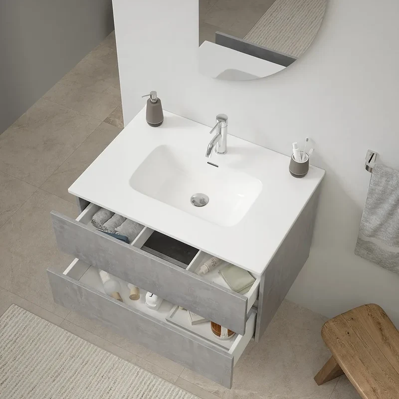 Mobile da bagno sospeso 60 cm effetto cemento chiaro con lavabo| Yili