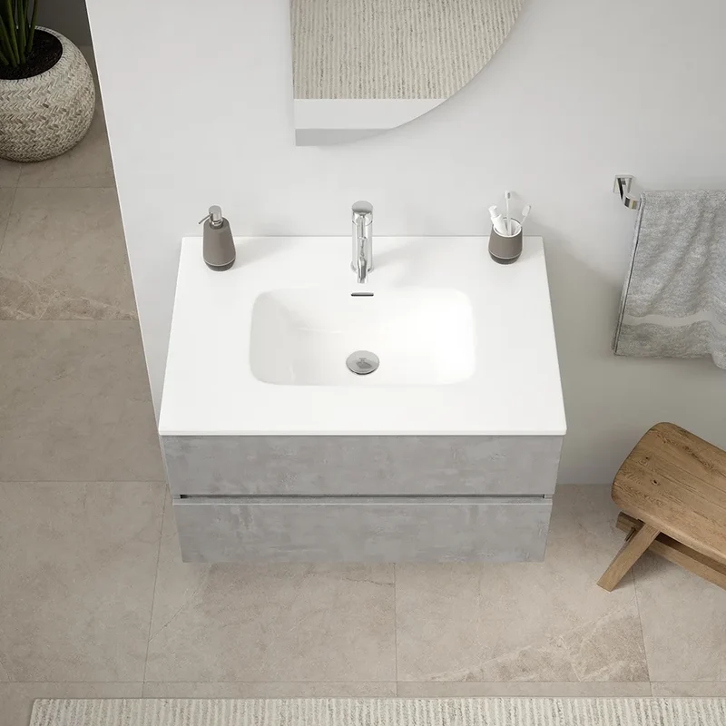 Mobile da bagno sospeso 60 cm effetto cemento chiaro con lavabo| Yili