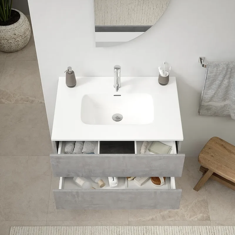 Mobile da bagno sospeso 60 cm effetto cemento chiaro con lavabo| Yili