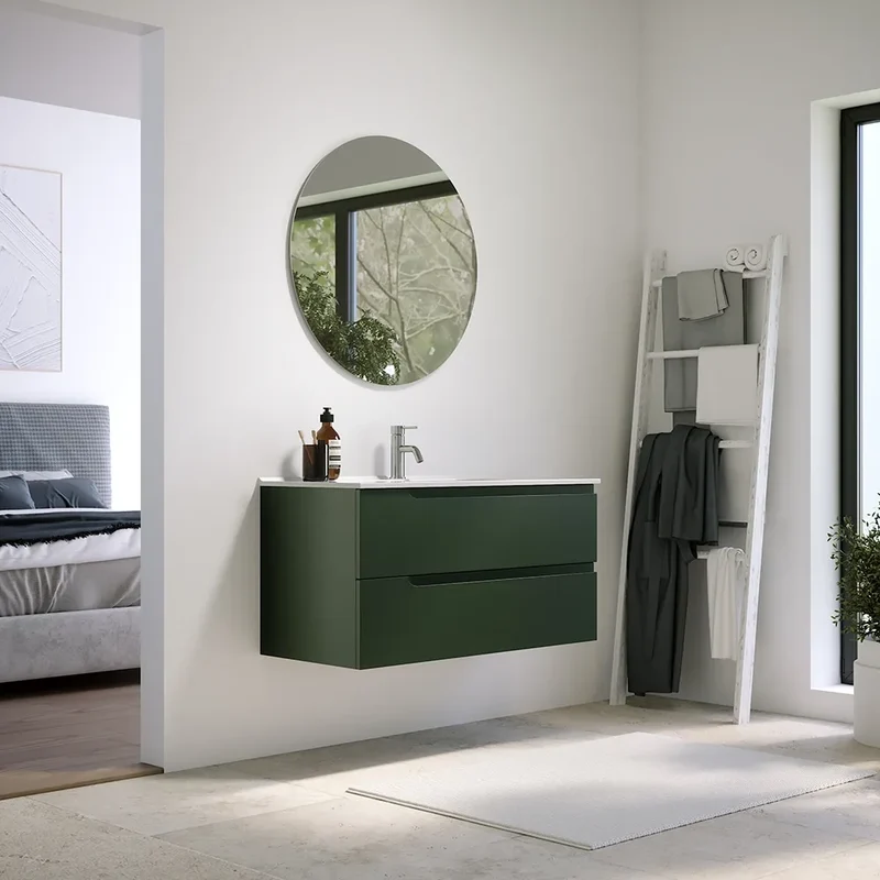 Mobile bagno sospeso 100 cm due cassetti verde foresta opaco con lavabo | Ardenne