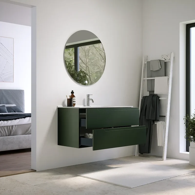 Mobile bagno sospeso 100 cm due cassetti verde foresta opaco con lavabo | Ardenne