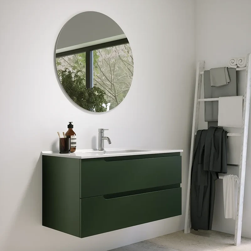 Mobile bagno sospeso 100 cm due cassetti verde foresta opaco con lavabo | Ardenne