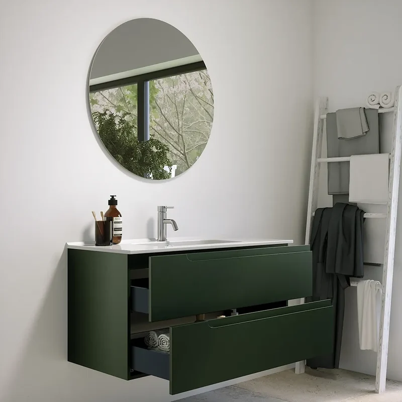 Mobile bagno sospeso 100 cm due cassetti verde foresta opaco con lavabo | Ardenne