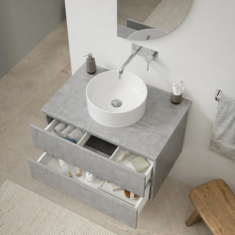 Mobile da bagno sospeso 60 cm effetto cemento chiaro con top | Yili
