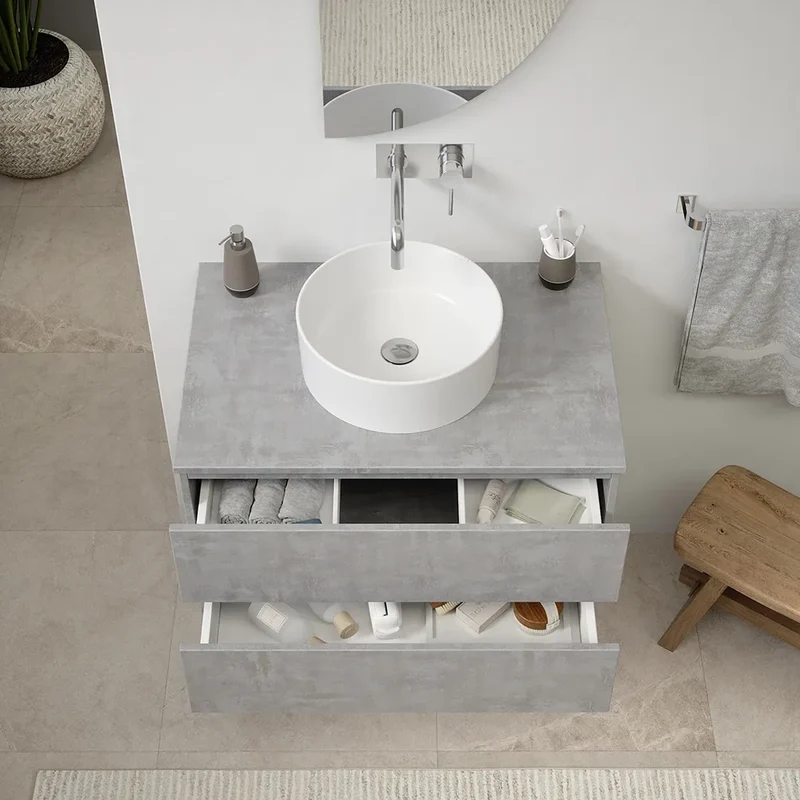 Mobile da bagno sospeso 60 cm effetto cemento chiaro con top | Yili