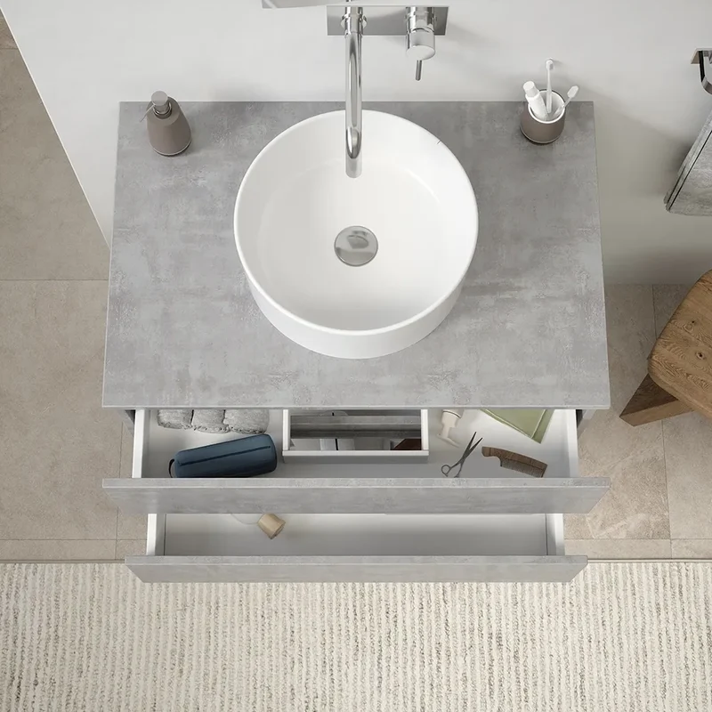 Mobile da bagno sospeso 60 cm effetto cemento chiaro con top | Yili