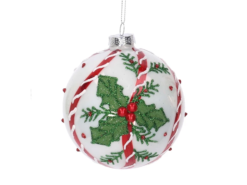 Palla in vetro con pungitopo bianco 10cm