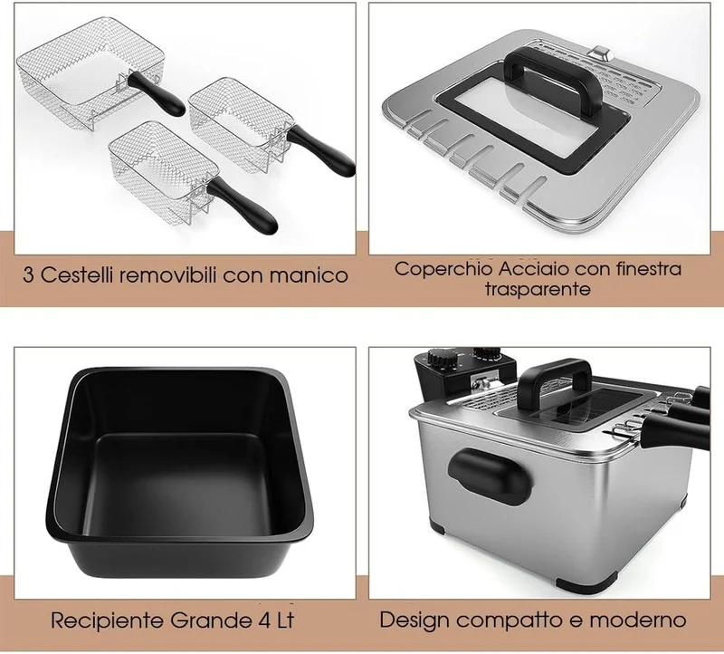 Friggitrice Elettrica Professionale in Acciaio Inox 3 Cestelli Potenza 2000W 4Lt