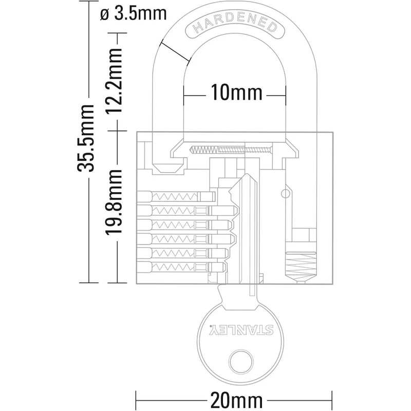 Stanley Lucchetto Arco Standard in Acciaio Cementato Corpo Ottone 20 mm 3 Chiavi