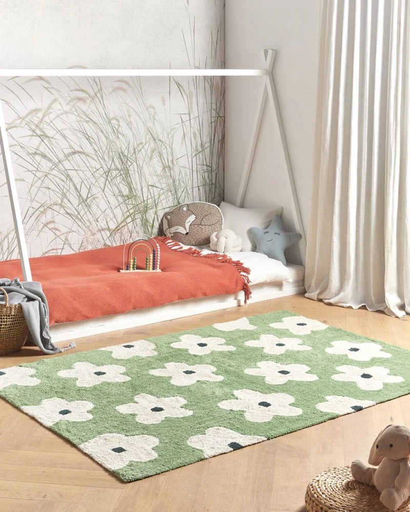 Tappeto verde in cotone 140 x 200 cm con motivi floreali decorativi in stile bohémien Soggiorno Bambini Camera dei bambini