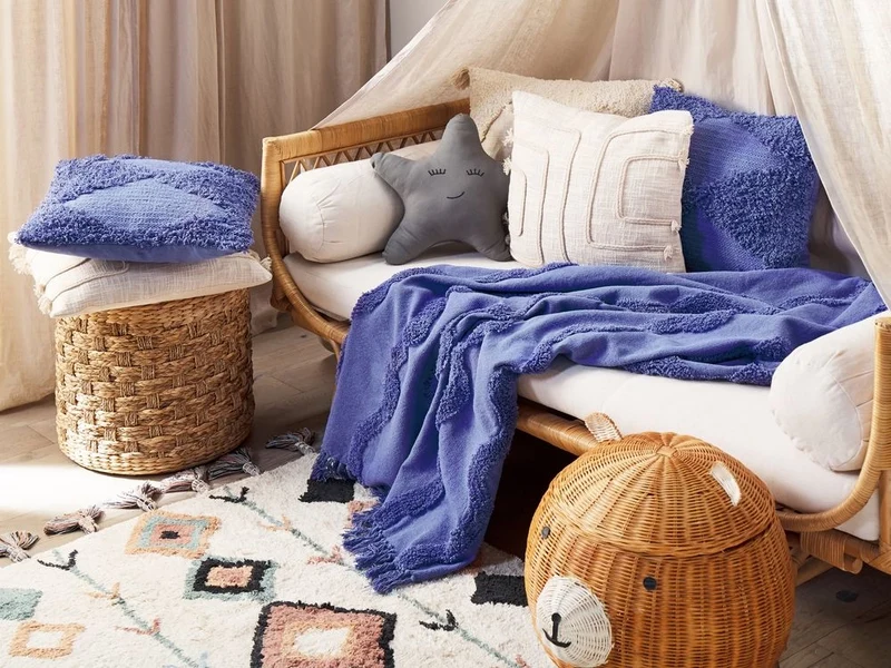 Coperta in cotone viola con frange e motivo geometrico 125 x 150 cm stile boho soggiorno camera da letto accessorio divano