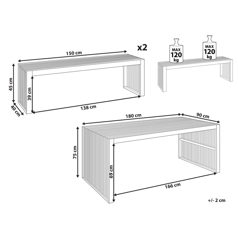 Set da pranzo da giardino 3 pezzi Tavolo rettangolare in legno massiccio di acacia 2 panche Design rustico per interni esterni