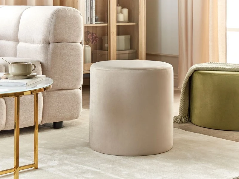 Pouf ottomana poggiapiedi rotondo in velluto di colore beige stile moderno soggiorno
