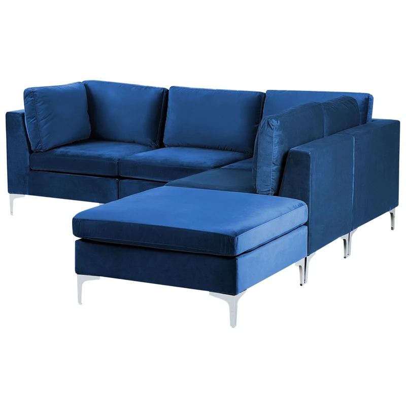 Divano componibile ad angolo versione sinistra a 4 posti in velluto blu marino con gambe in metallo argentato a forma di L ottomana Stile glamour