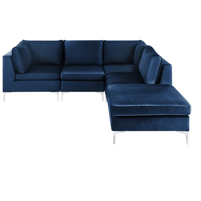 Divano componibile ad angolo versione sinistra a 4 posti in velluto blu marino con gambe in metallo argentato a forma di L ottomana Stile glamour
