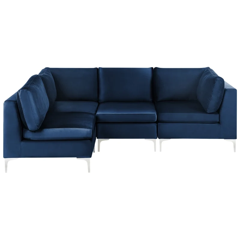 Divano componibile ad angolo versione destra in velluto blu marino 4 posti a forma di L con gambe in metallo argento stile glamour