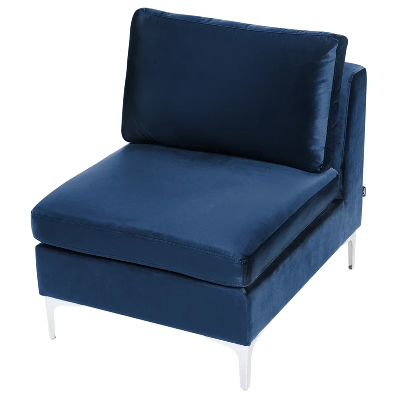 Divano componibile ad angolo versione destra in velluto blu marino 4 posti a forma di L con gambe in metallo argento stile glamour