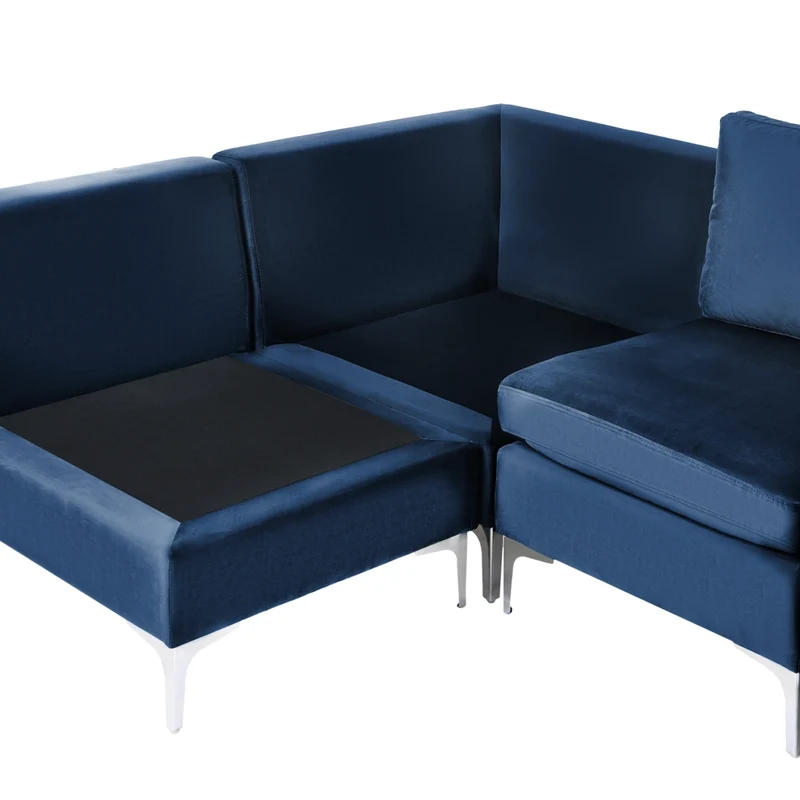 Divano componibile ad angolo versione destra in velluto blu marino 4 posti a forma di L con gambe in metallo argento stile glamour