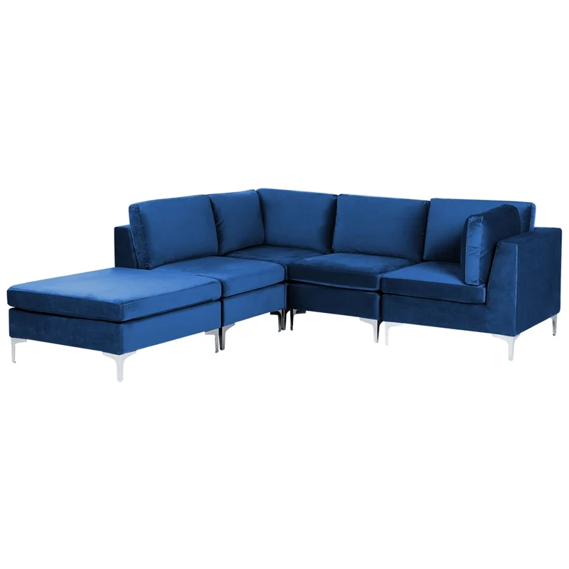 Divano ad angolo modulare versione destra con ottomana in velluto blu marino 4 posti gambe in metallo argento a forma di L stile glamour
