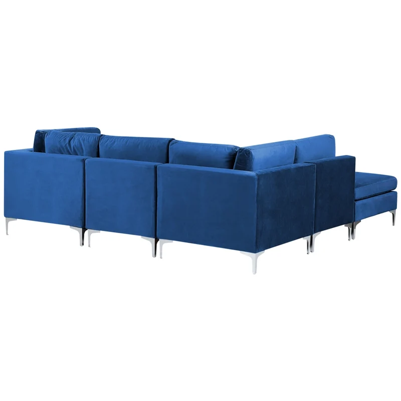 Divano ad angolo modulare versione destra con ottomana in velluto blu marino 4 posti gambe in metallo argento a forma di L stile glamour