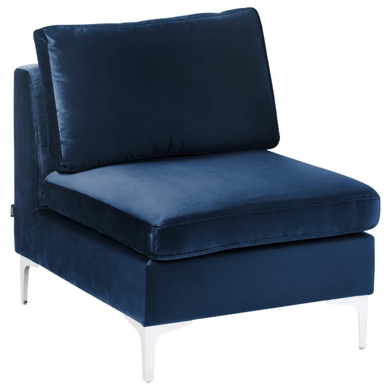 Divano ad angolo modulare versione destra con ottomana in velluto blu marino 4 posti gambe in metallo argento a forma di L stile glamour